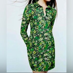 Zara Green Sheath Dress with Long Sleeves and Polo Collar
